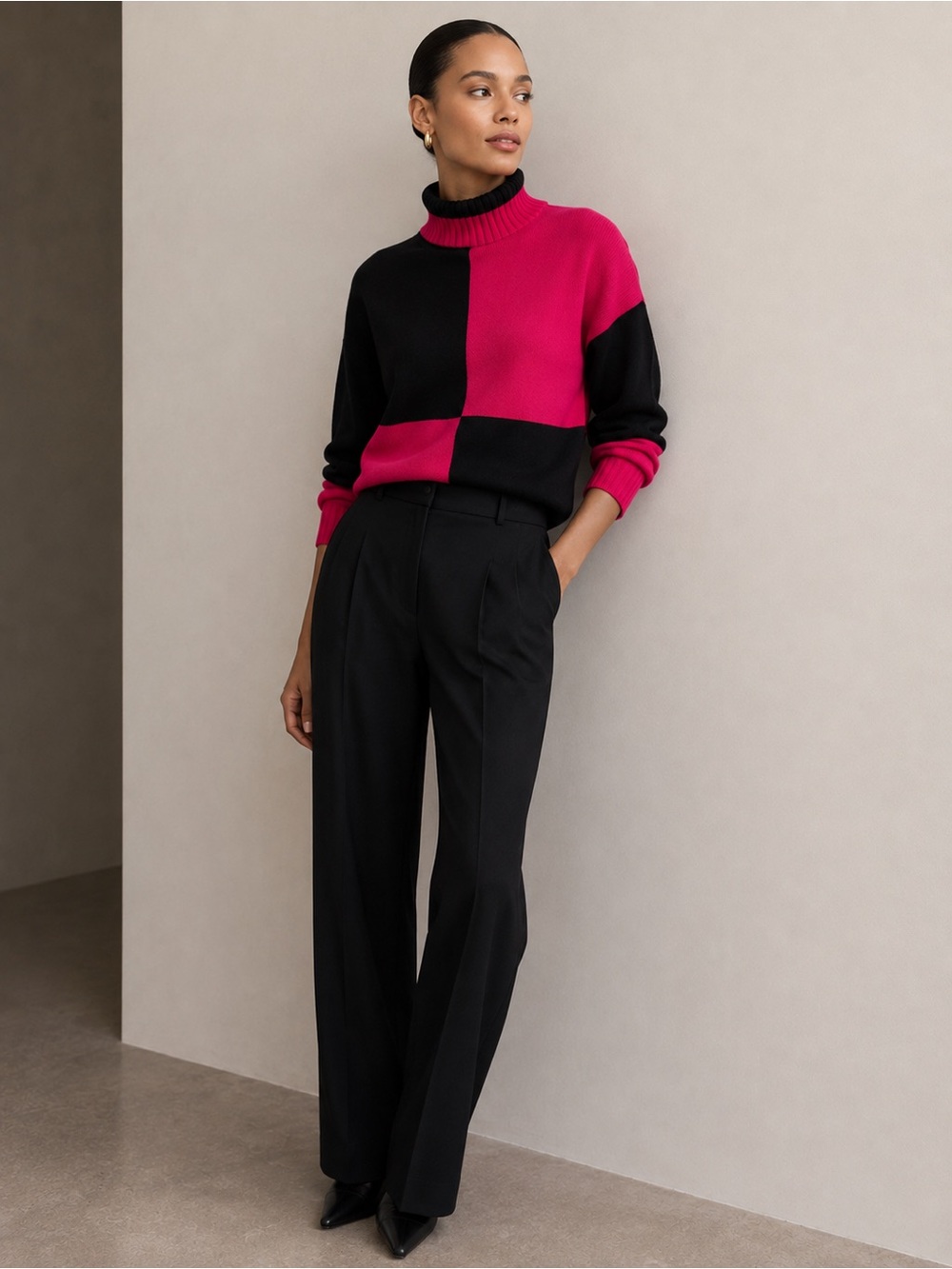 Beautiful Vintage Pink & Black Color Block Turtle Neck Knit Sweater Size M